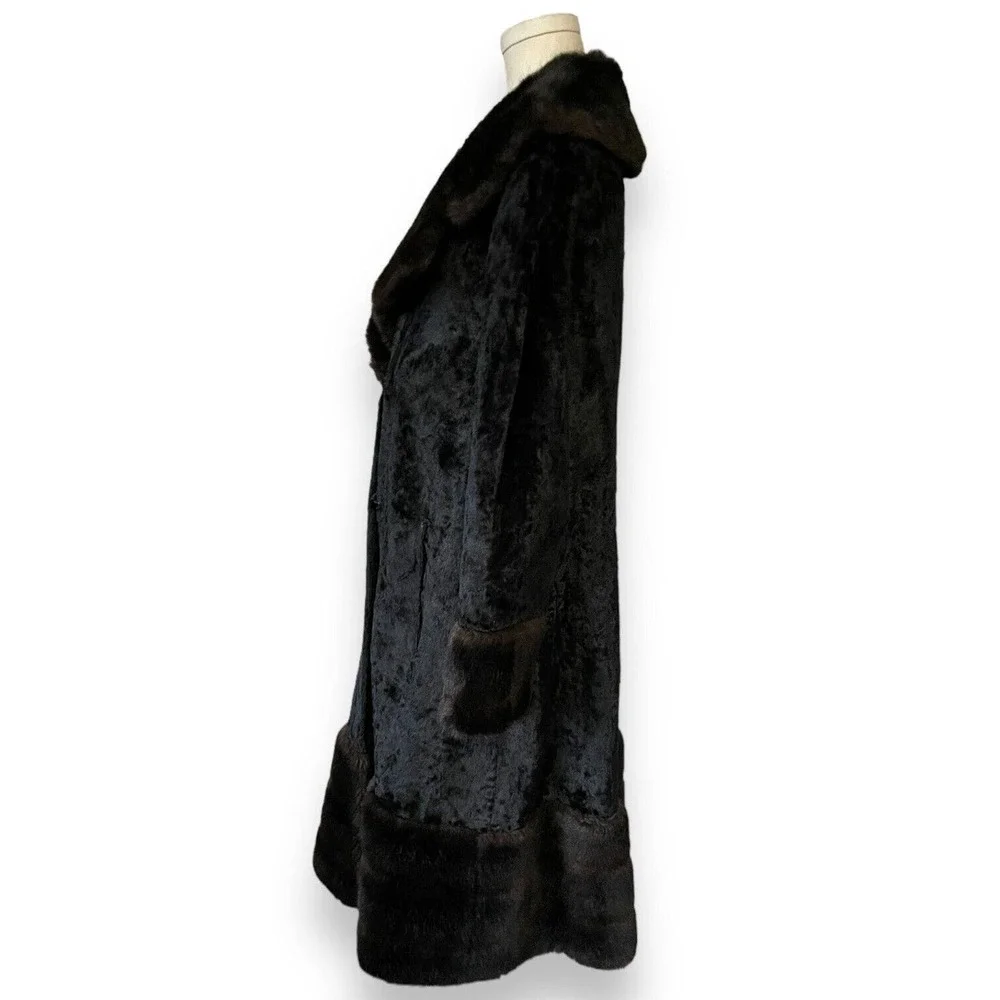 Vintage 60s Rosewin Black Penny Lane Brown Faux Fur Coat Mid Length Jacket